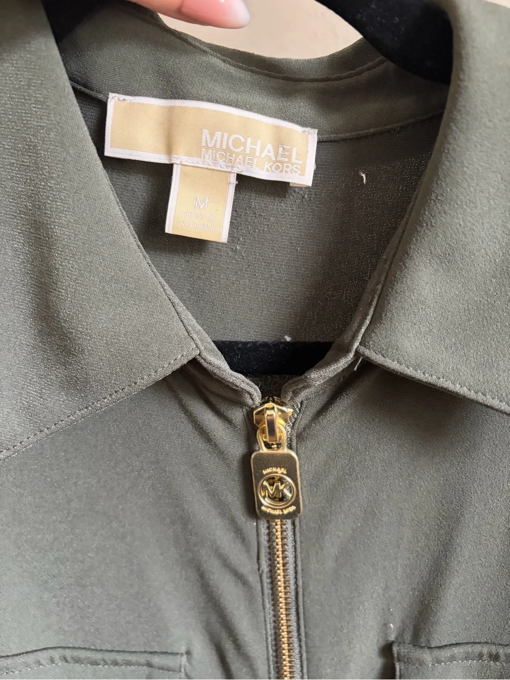 Michael Kors Olive Green Sleeveless Utility Jumpsuit with Gold Hardware